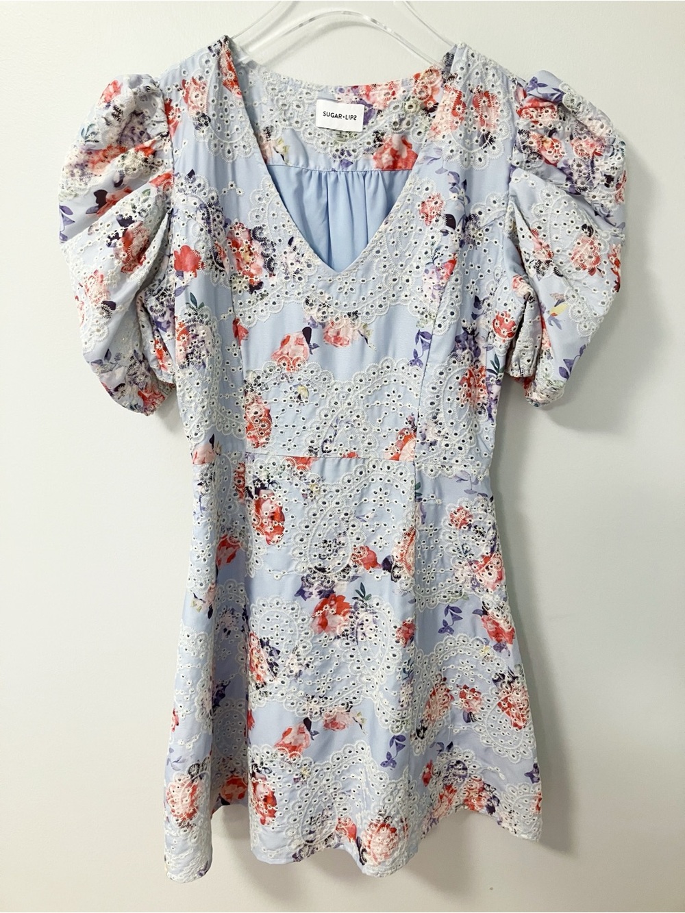 Sugar + Lips | Blue Floral Rosalia Eyelet Mini Dress Boho Chic Coquette Garden